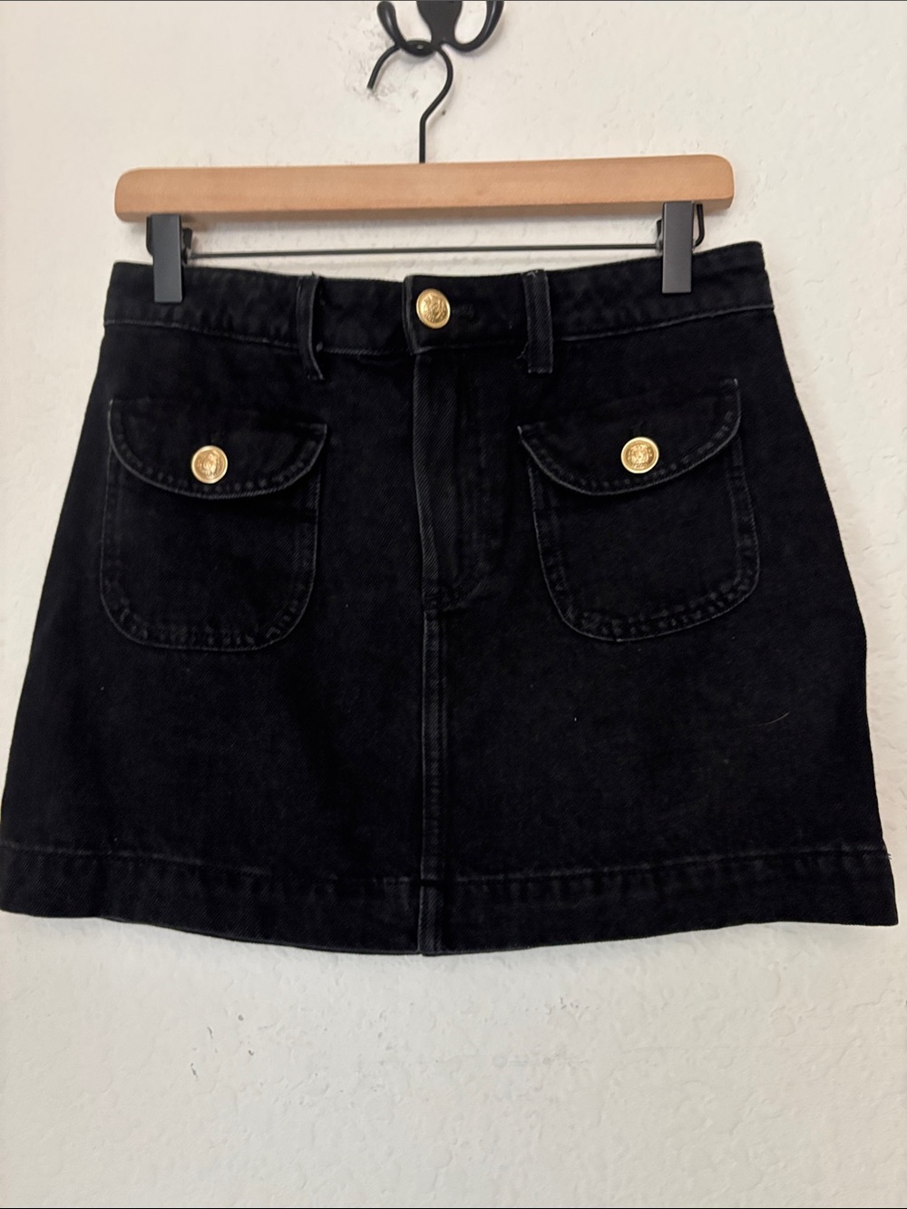 H&M Black Denim A-Line Mini Skirt with Gold Button Details  size 4